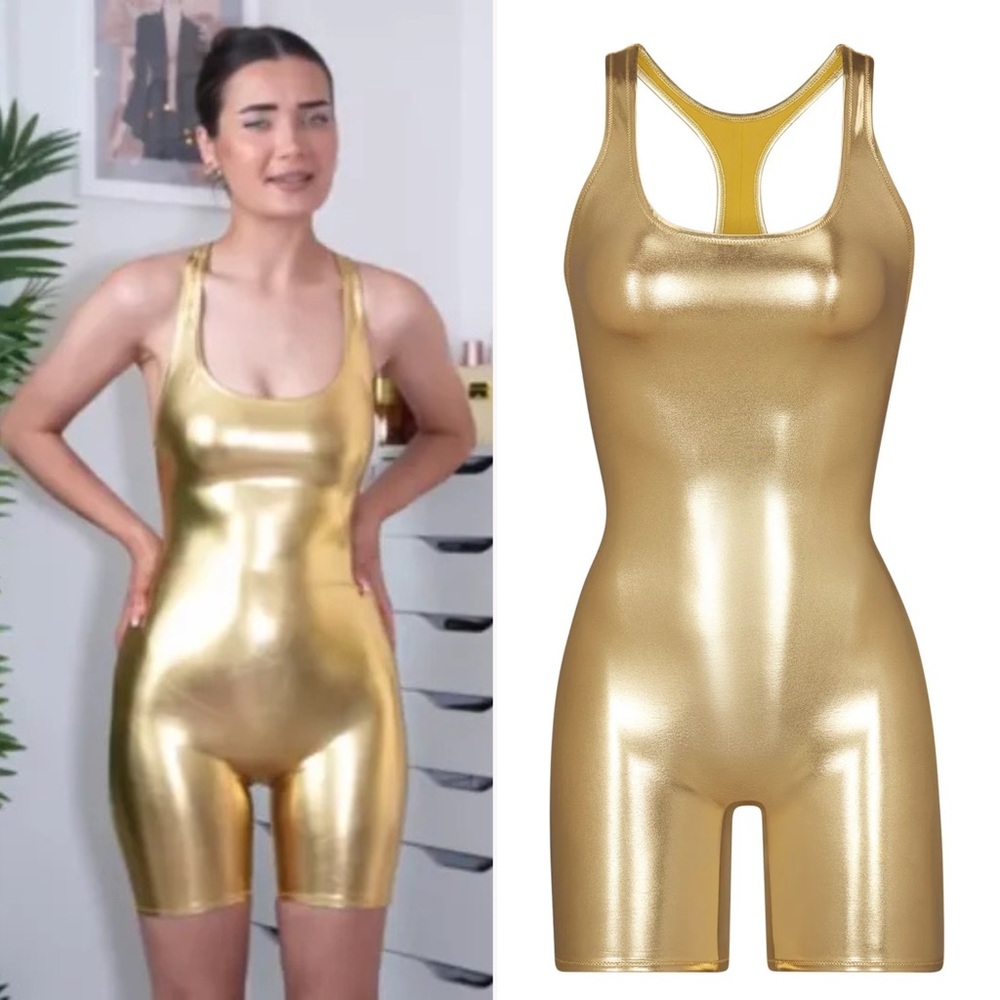 SKIMS Metallic Swim Cycle Suit in Gold Sz M MSRP $128 NWT